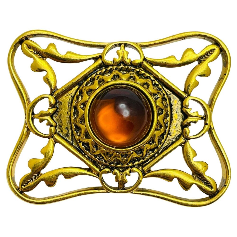 Vintage gold tone amber glass designer brooch